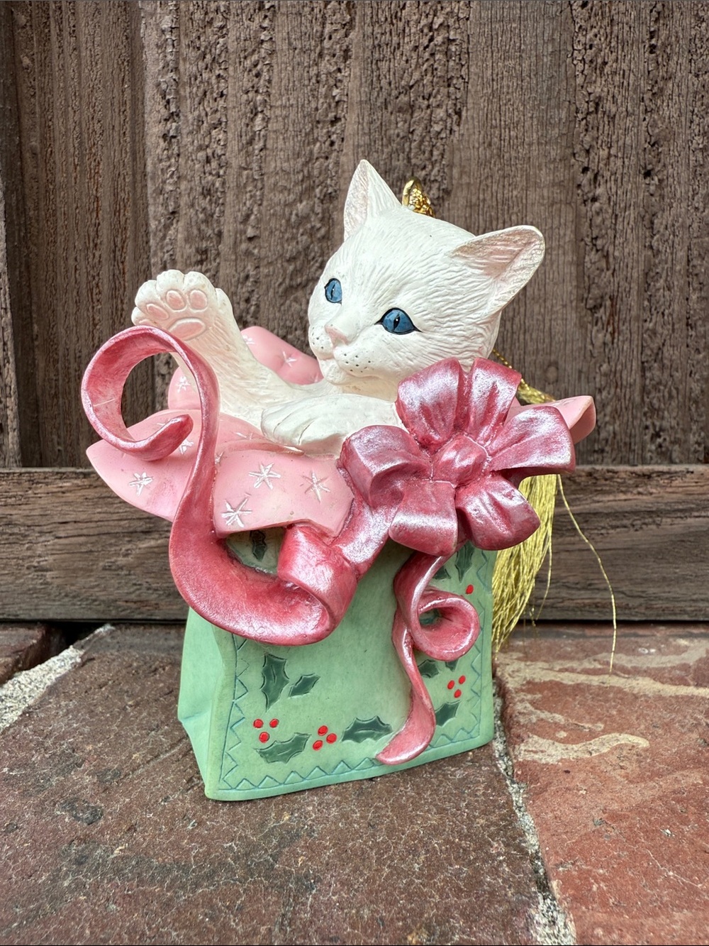 Lenox White Cat Figurine with Pink Bow and Green Gift Bag